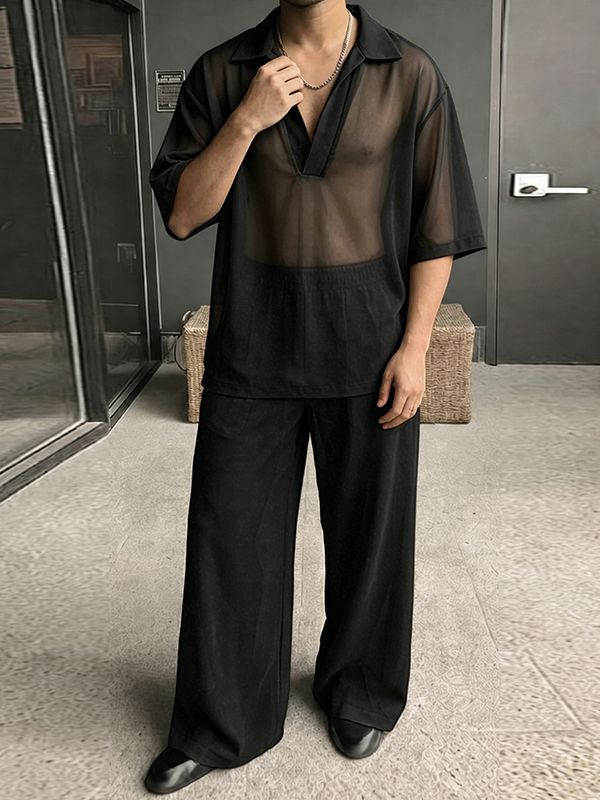 Men's Vintage Cuban Collar Sheer Mesh Oversized Two Pieces Outfit SKUL70592
