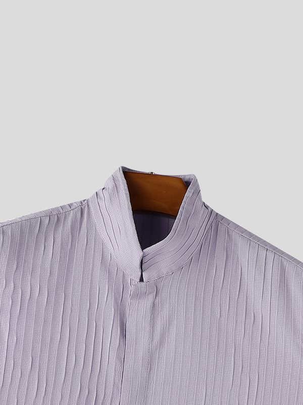 Men's Minimalist Textured Pleated Stand Collar Sleeveless Shirt SKUL72735