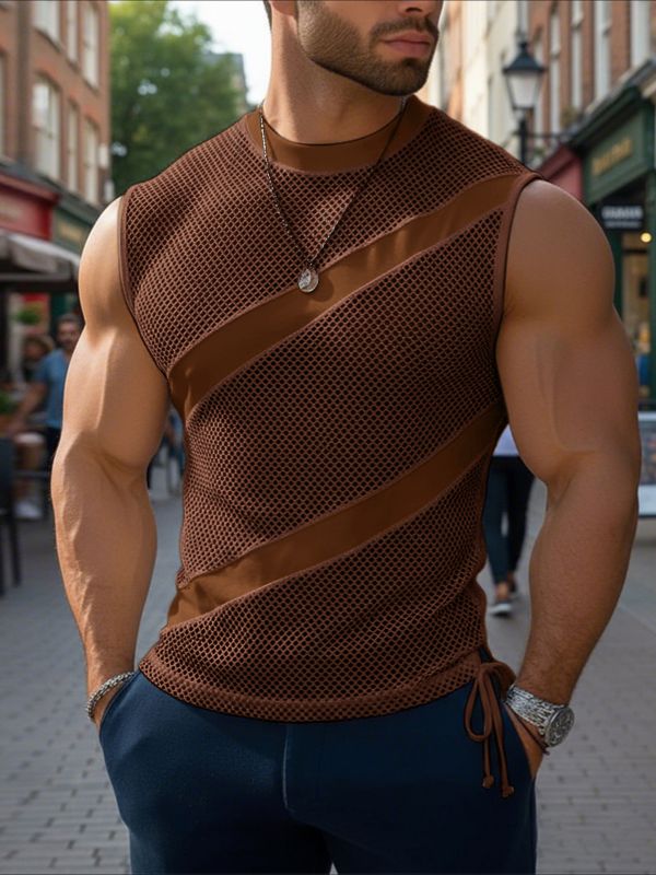 Men's Sheer Mesh Patchwork Side Tie Tank SKUL48619