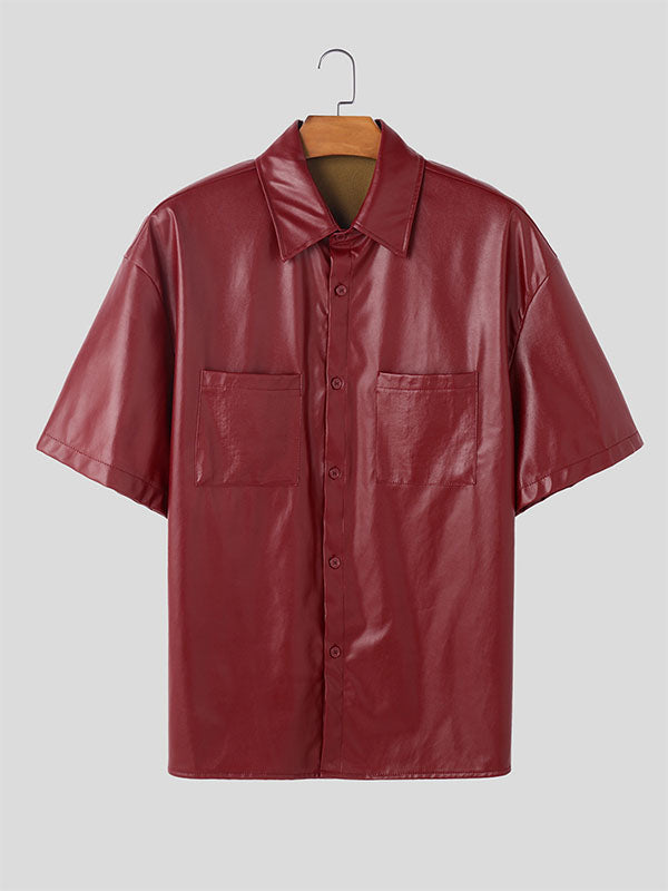 Mens Faux Leather Double Pocket Short Sleeve Shirt SKUL00890
