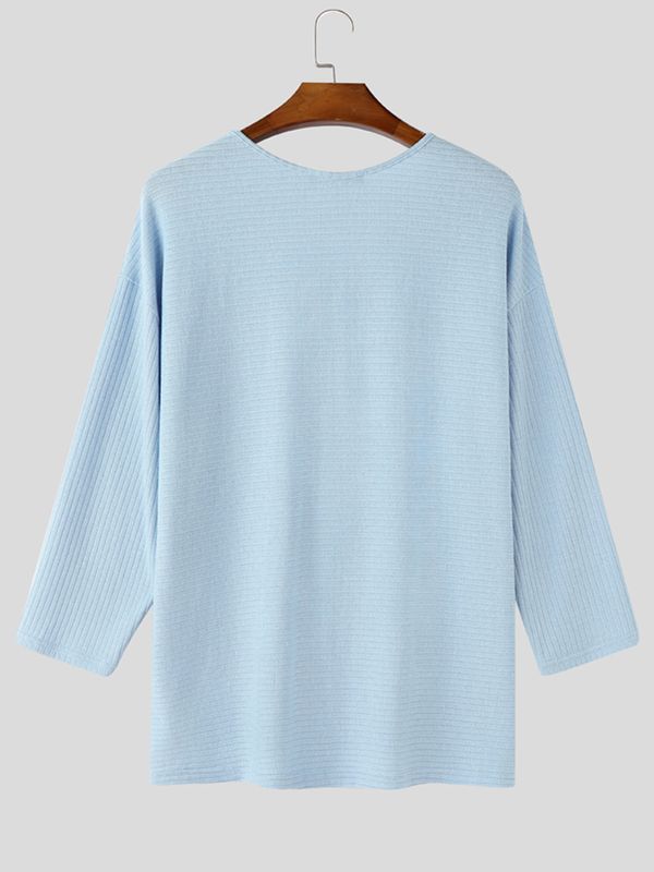 Men's Casual Horizontal Pleated Texture V-Neck Dropped Shoulder Loose Long Sleeve T-shirt SKUL72647