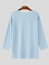 Men's Casual Horizontal Pleated Texture V-Neck Dropped Shoulder Loose Long Sleeve T-shirt SKUL72647