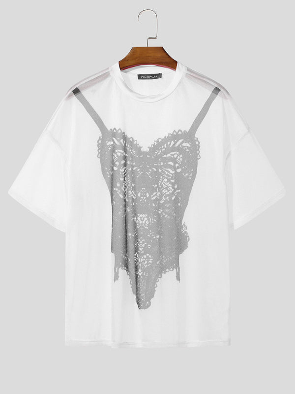 Mens Corset Print Semi-Sheer Short Sleeve T-Shirt SKUL13755