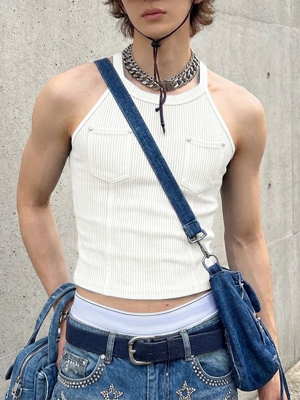Men's Vintage Ribbed Slim Fit Cropped Utility Tank SKUL55360