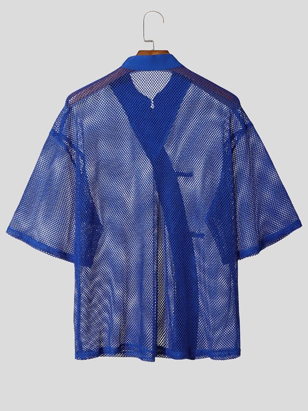 Men's Sheer Mesh Frog Button Half Sleeve Cardigan SKUL55372