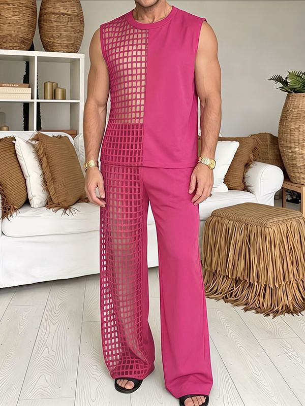 Men's Avant-Garde High Street Half-Sided Grid Hollow Cutout Two Pieces Outfit SKUL74797
