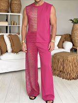 Men's Avant-Garde High Street Half-Sided Grid Hollow Cutout Two Pieces Outfit SKUL74797
