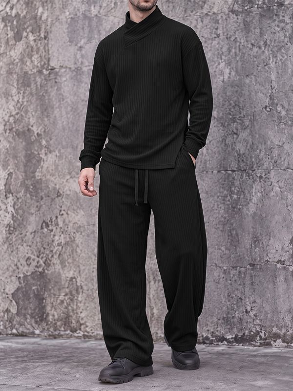Men's Zen Minimalist Art Exhibition Asymmetric Wrap Neck Ribbed Two Pieces Outfit SKUL85948
