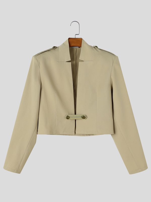 Men's Avant-Garde Deconstructed Stage Runway Epaulet Shoulder connected Metallic Button Cropped Blazer SKUL85222