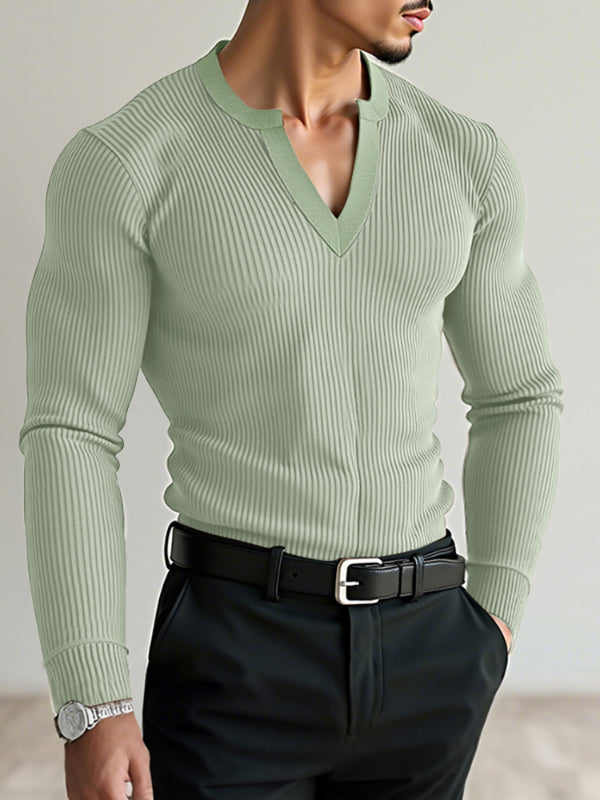 Men's Solid Color Knit Ribbed Long Sleeve T-Shirt SKUL28252