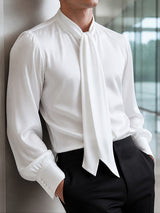 [Pre-order] Men's Victorian Romantic Evening Gala Lavalliere Tie Neck Silk Satin Bishop Sleeve Shirt SKUL89018