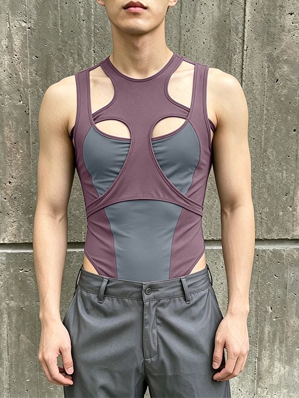 Men's Avant-Garde Cutout Color-Block High Stretch Slim Fit Bodysuit SKUL60606