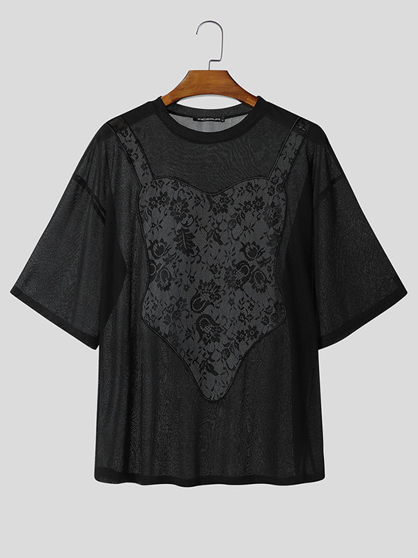 Mens Lace Patchwork Casual Short Sleeve T-Shirt SKUL13907