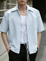 Men's Solid Color Textured Tie Short Sleeve Shirt SKUL62085