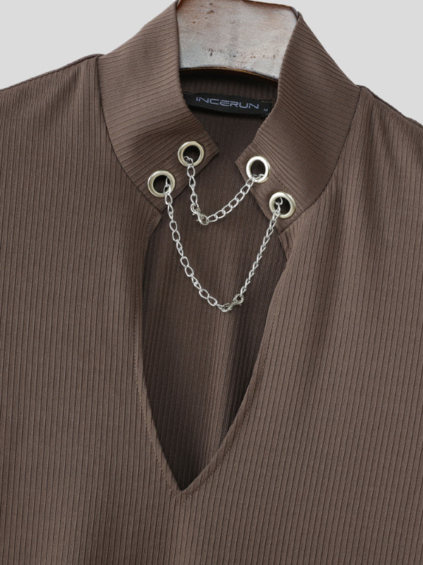 Mens Solid Color Textured Deep V Short Sleeve T-Shirt SKUL18934