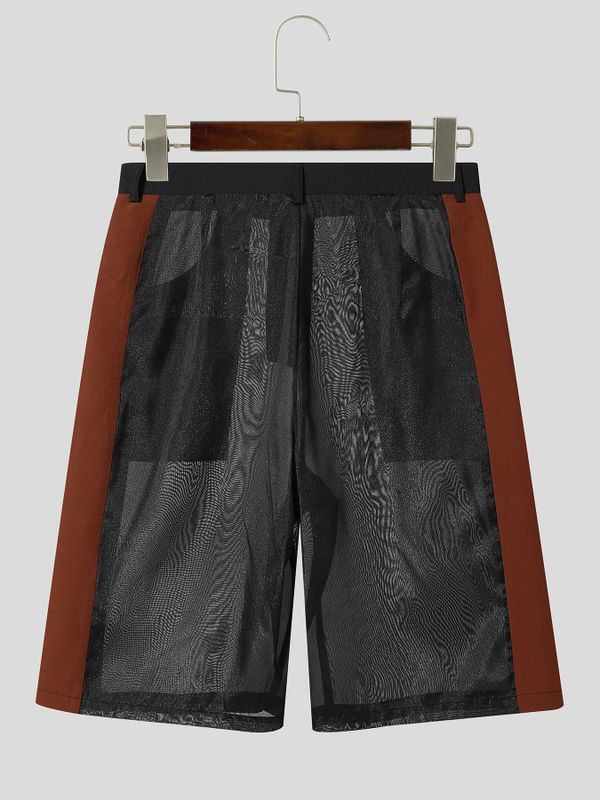 Men's See-Through Mesh Patchwork Wide Leg Front Pocket Loose Fit Short SKUL57798
