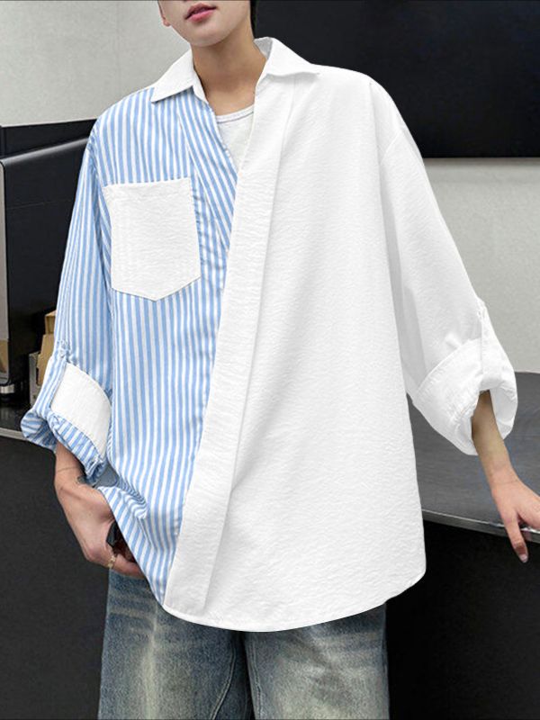 Men's Striped Contrast Color Asymmetrical Long Sleeve Shirt SKUL46425