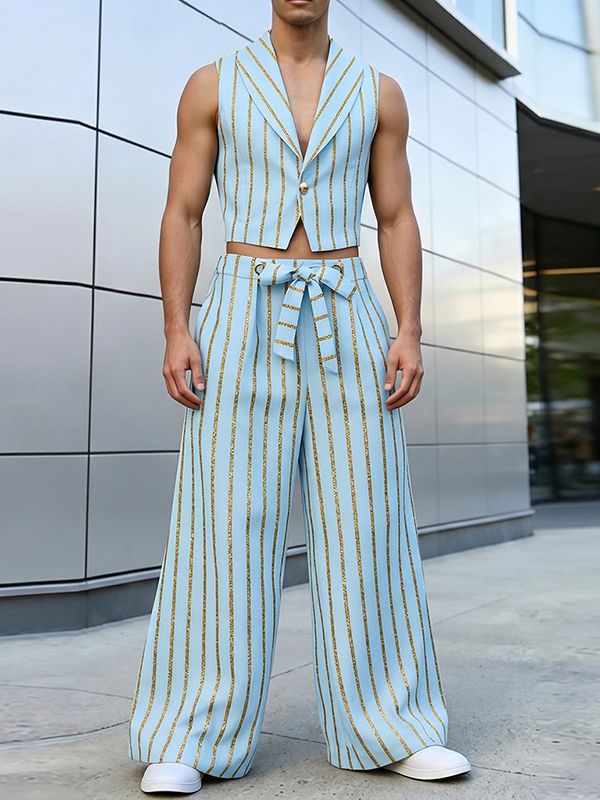Men's Luxury Vertical Stripe Cropped Two Pieces Outfit SKUL61696