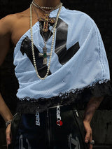 Men's Avant-Garde One-Shoulder Number Print Mesh Ruffle Lace Hem Tank SKUL54411