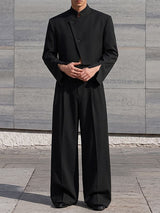Men's Avant-Garde Deconstructed Stage Runway Asymmetric Slanted Button Cropped Two Pieces Outfit SKUL85939