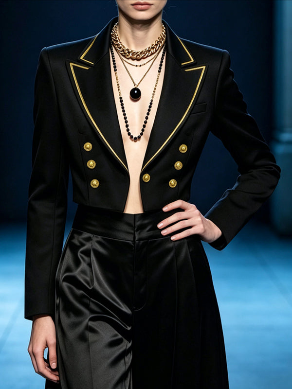 Men's Retro Party Gold Piping Double-Breasted Button Cropped Long Sleeve Blazer SKUL81157