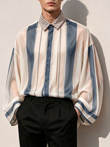 Men's Retro Early Autumn Sheer Stripe Contrast Polka Dot Lantern Long Sleeve Lapel Collar Shirt SKUL77321