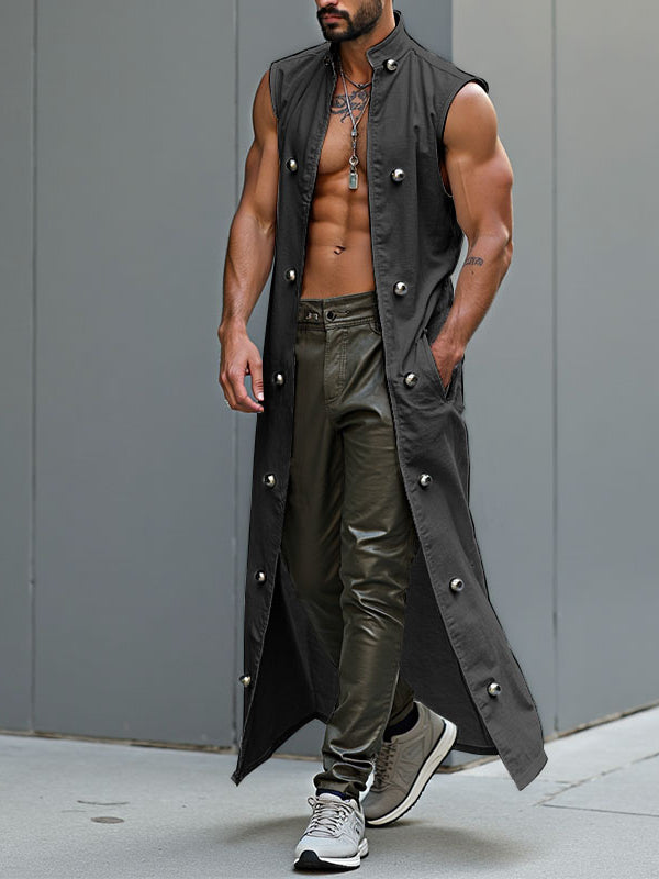 Mens Metal Buckle Patchwork Long Hem Sleeveless Cardigan SKUL23499