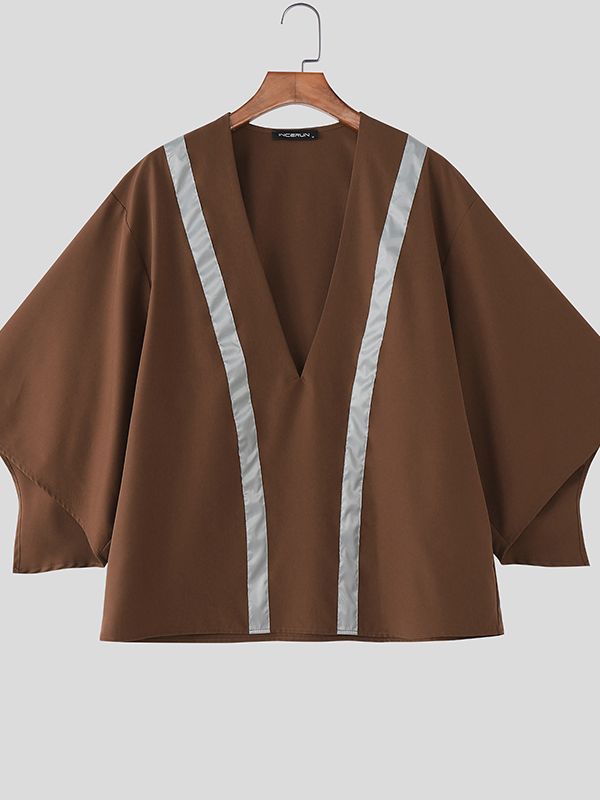 Men's Contrast Stripe Loose Deep V Neck Long Sleeve T-shirt SKUL51924