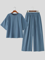 Men's Urban Resort Minimalist Pleated Texture Oversized Two Pieces Outfit SKUL74889