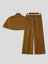 Men's Avant-Garde Deconstructed Stage Runway Stand Collar Cropped Capelet Wide-Leg Two Pieces Outfit SKUL85213