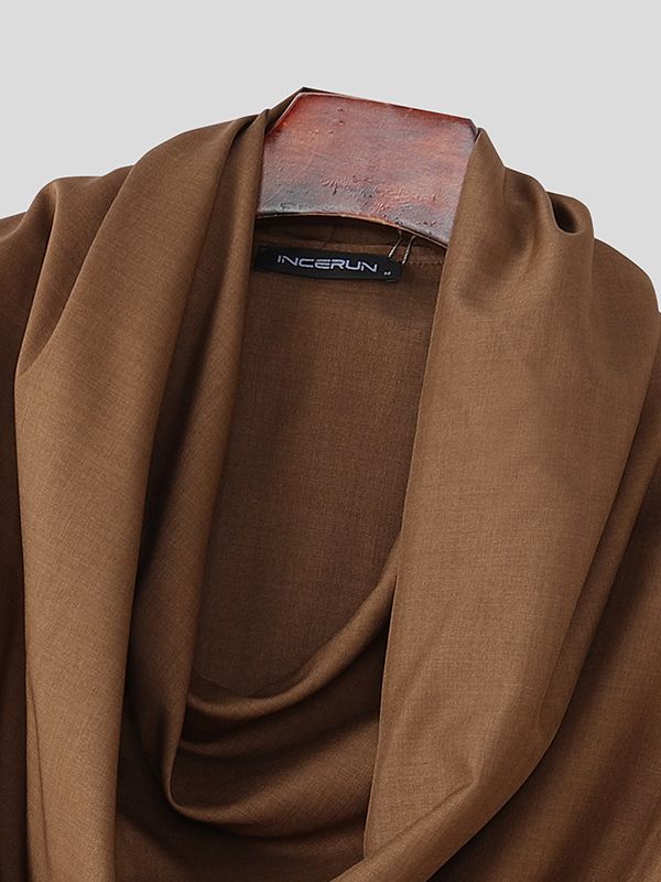 Men's Solid Color Draped Collar Long Sleeve Shirt SKUL36353