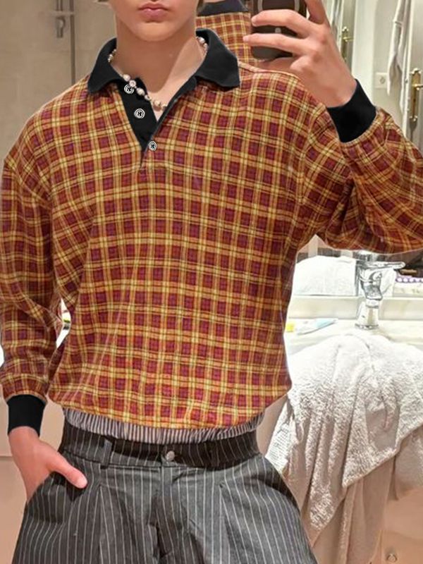 Men's Contrast Color Plaid Collar Long Sleeve Shirt SKUL48632
