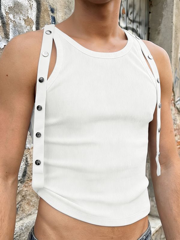 Men's Decorative Snap-Button Straps Patchwork Knit Crop Tank SKUL58716
