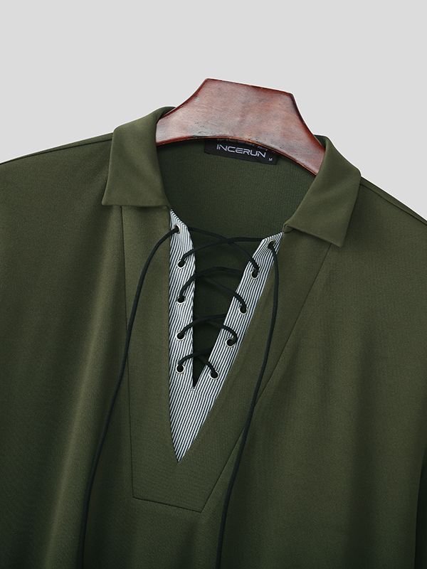 Men's Striped Eyelet Drawstring Half Sleeve Shirt SKUL50015