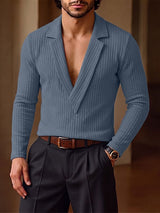 Men's Smart-Casual Ribbed Knit Plunging V-Neck Lapel Long Sleeve Shirt SKUL78979
