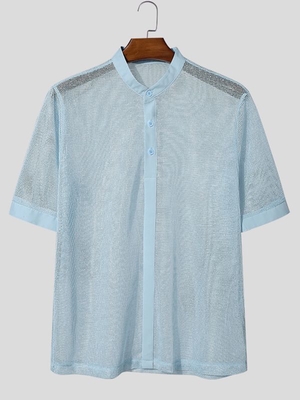 Men's Sheer Mesh Stand Collar Short Sleeve Shirt SKUL55516