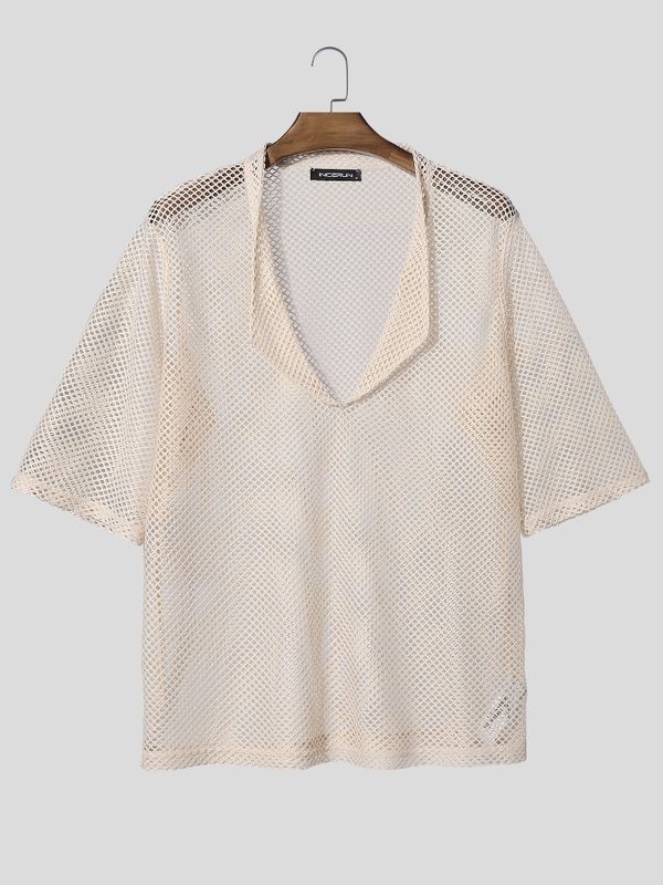 Men's Sheer Mesh Pocket Collar Half Sleeve T-shirt SKUL54681