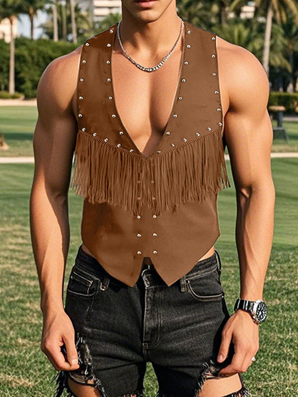 Mens Solid Color Fringe-Trimmed Sleeveless Tank SKUK97853