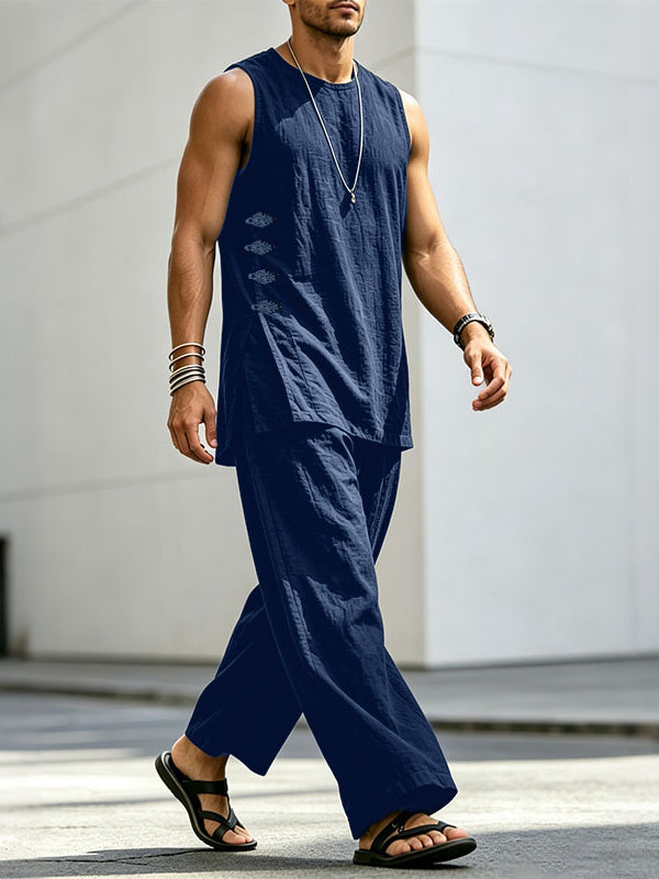 Men's Neo-Chinese Retro Side Frog Button Two Pieces Outfit SKUL74812