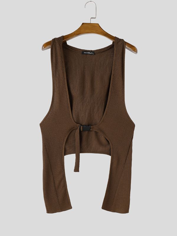 Men's Avant-Garde Pleated Hooded Deep Cutout Front Buckle Longline Tank SKUL64148