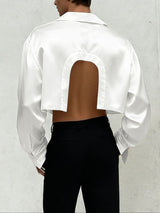 Men's Back Cutout Satin Cropped Long Sleeve Shirt SKUL47871