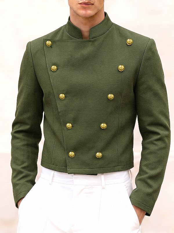 Men's Avant-Garde Retro Military Double-Breasted Gold Button Long Sleeve Stand Collar Cropped Jacket SKUL82410