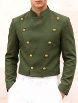 Men's Avant-Garde Retro Military Double-Breasted Gold Button Long Sleeve Stand Collar Cropped Jacket SKUL82410