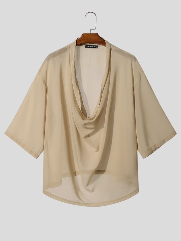 Men's Avant-Garde Romantic Deep Cowl Neck Sheer Mesh Loose Short Sleeve T-shirt SKUL69688