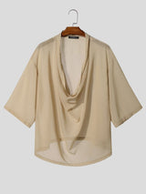 Men's Avant-Garde Romantic Deep Cowl Neck Sheer Mesh Loose Short Sleeve T-shirt SKUL69688