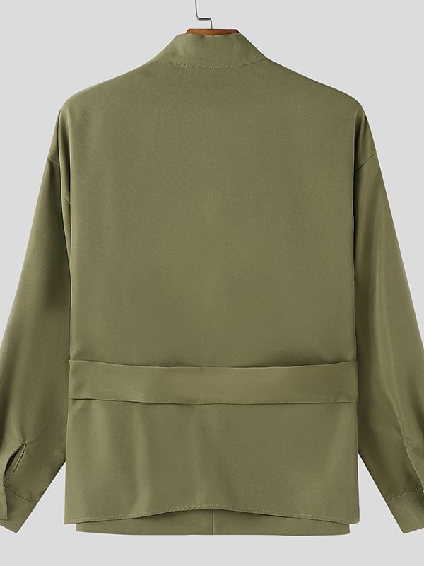 Men's Solid Color Lace Up Long Sleeve Shirt SKUL46165