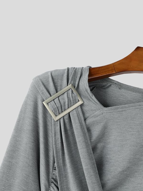 Men's High Street Urban Casual Shirred Wrap Metal Accent Long Sleeve Slash Neck T-shirt SKUL81733