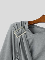 Men's High Street Urban Casual Shirred Wrap Metal Accent Long Sleeve Slash Neck T-shirt SKUL81733