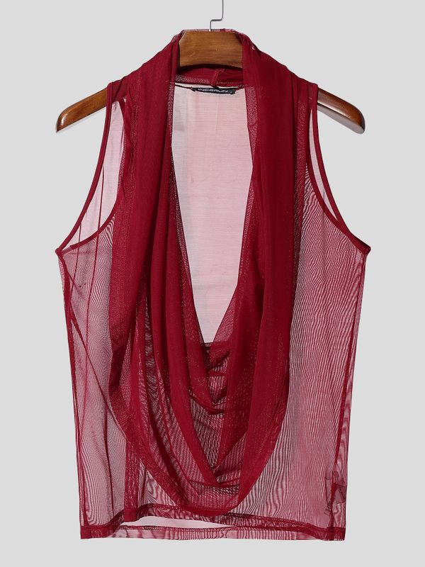 Men's Sheer Mesh Cowl Neck Hooded Tank SKUL54096