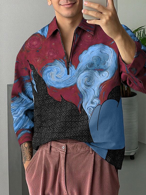 Men's Oil Painting Print Design Long Sleeve Shirt SKUL38589